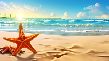 Fototapeta na wymiar Starfish background, peaceful coast scene with gentle waves