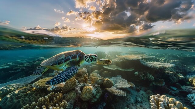 Underwater Turtle Swimming Over Coral Reef