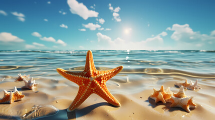 Fototapeta na wymiar Starfish background, peaceful coast scene with gentle waves