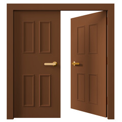 3d illustration of slightly open brown rectangle double doors isolated.