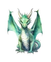 Fototapeta premium Watercolor illustration of a green dragon isolated on white background.
