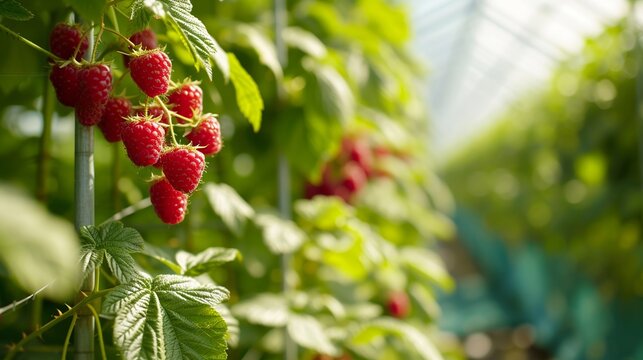 Raspberries growing inside a greenhouse