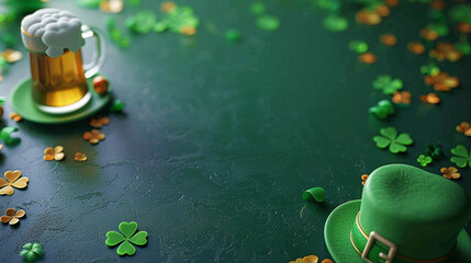 St. patrick's day wallpaper with beer and green hat and shamrock. - obrazy, fototapety, plakaty
