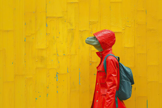 Quirky dinosaur mask person against vibrant yellow wall. Generative AI image