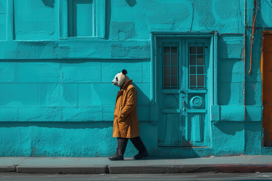 Person in Panda Mask Walking by a Bright Teal Wall. Generative AI image