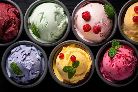 Selection of gourmet flavours of Italian ice cream in vibrant colors. Top view composition. Ai Generative