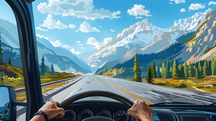 Male hands of car driver on steering wheel. Road trip in mountains, driving on highway road - obrazy, fototapety, plakaty