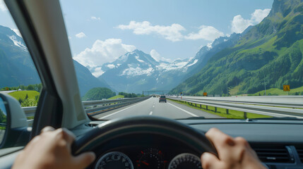 Male hands of car driver on steering wheel. Road trip in mountains, driving on highway road
