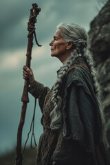 Old matriarch with grey braided hair and wooden staff in mountain landscape