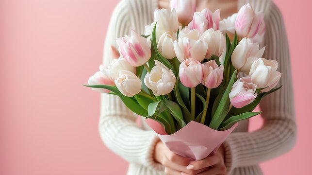 Happy Women's day. Woman holding a bouquet of flowers. Ai generated image