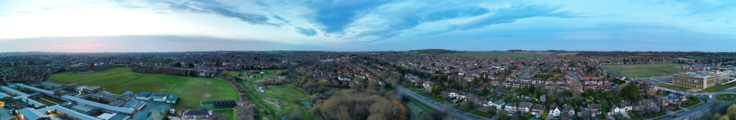 High Angle Panoramic view of East Luton City of England during Sunset. Luton, England UK. Feb 19th, 2024