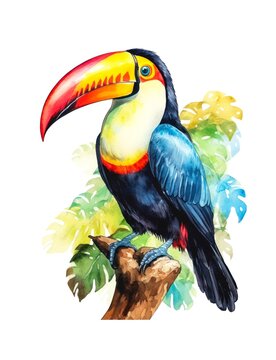 Watercolor illustration of a toco toucan bird isolated on white background.
