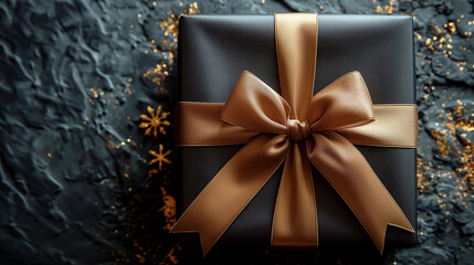 Top view black gift box, surrounded by golden star-shaped confetti.