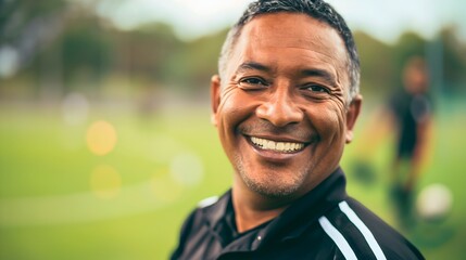 Closeup portrait of a happy middle aged soccer referee, European football competition judge wearing his uniform, looking at the camera and smiling. Standing on a grass field, outdoors, copy space - obrazy, fototapety, plakaty