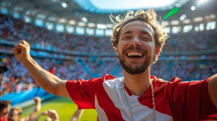 Cheering football fan in red t-shirt celebrating victory while standing at the stadium in Poland.