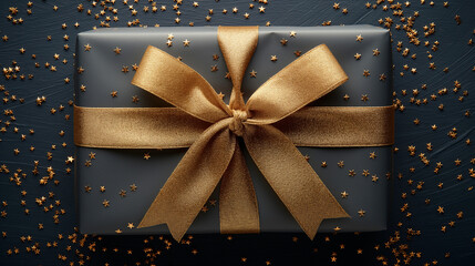 Top view black gift box, surrounded by golden star-shaped confetti.