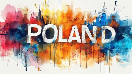 Poland text on abstract colorful watercolor background. Illustration
