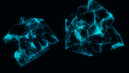 Abstract sci-fi cube with particle and line with digital indicators. Technology network connection on world. Global digital connections ai. Wireframe cube. Blockchain encryption. 3D rendering.