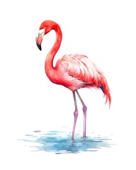 Obraz premium Watercolor illustration of a flamingo standing in the water isolated on white background.
