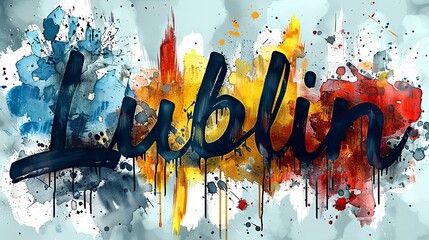 Lublin word abstract grunge background with watercolor splashes and blots