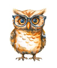 Naklejka premium Watercolor illustration of a cute owl with glasses on white background.