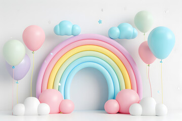 3D Colorful rainbow clouds and Birthday balloons arc podium isolated on white background
