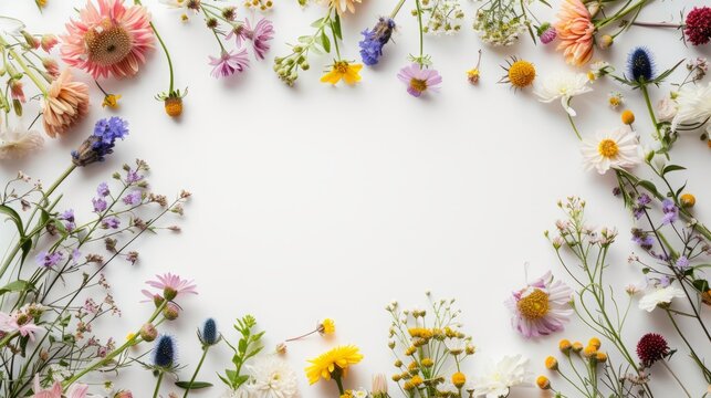 wild flowers on a white background with space for text.
