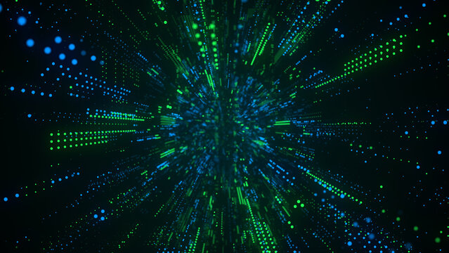 Cyber futuristic speed tunnel. Sci-fi wormhole. Matrix technology decoder. Abstract 3D wireframe portal with connections lines and dots. Data flow. Technology funnel with dots. 3d rendering.