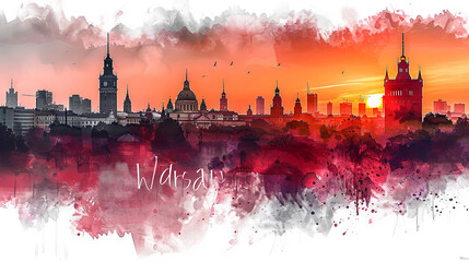 Warsaw skyline with famous landmarks. Poland. Digital watercolor painting.