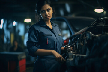 Fototapeta na wymiar Female Indian automotive technician repairing a car.