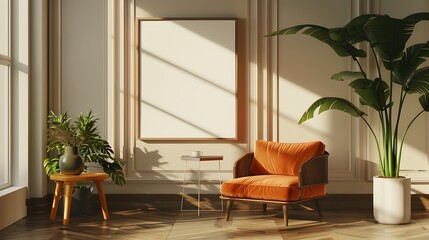 3D render of a sleek and modern poster blank frame in a vintage-inspired living room with retro furniture and nostalgic accents