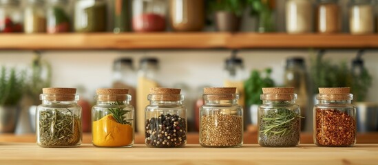 An array of glass jars filled with a variety of aromatic spices on display in a row
