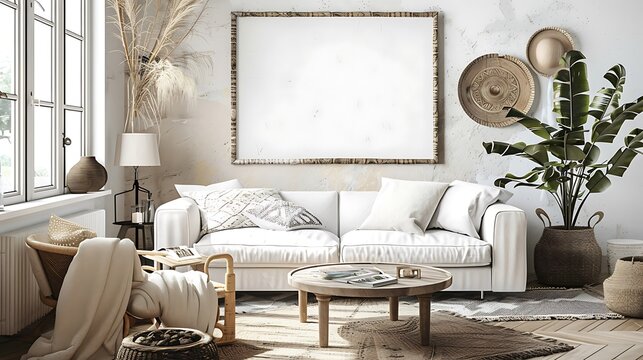 3D render of a sleek and modern poster blank frame in a coastal chic living room with relaxed beachy vibes and light, airy colors