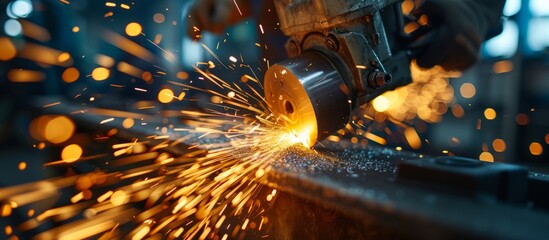 Craftsman using a grinder to cut metal in a workshop with sparks flying