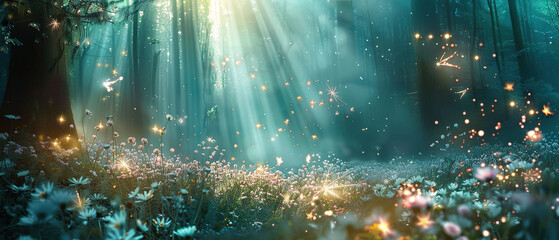 Enchanted Forest Scene with Magical Lights
