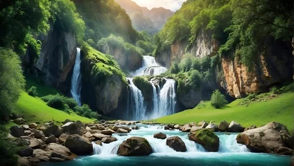 Fotobehang Waterfall in the mountains, Generative Ai © MUHAMMAD
