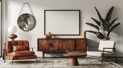 3D render of a sleek and modern poster blank frame in a vintage-inspired living room with retro furniture and nostalgic accents