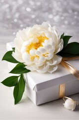 White Peonies and Gift Box with Bokeh