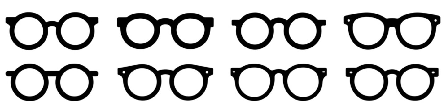 Glasses icon. Set of glasses icons. Black glasses silhouette isolated on white