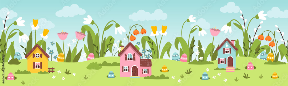 Wall mural Cute Easter Egg hunt design for children, hand drawn with cute bunnies, eggs and decorations - great for party invitations, banners, wallpapers - vector