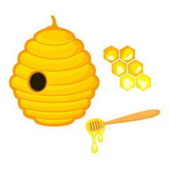 Vector illustration of honeycomb with yellow honey isolated on white background. Honey bee house with circular entrance. Concept of residence of nectar-eating insects in nature.