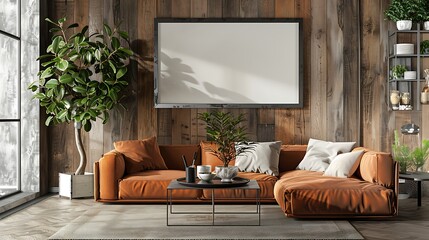 3D render of a sleek and modern poster blank frame in a contemporary cottage living room with cozy furnishings and cottagecore charm