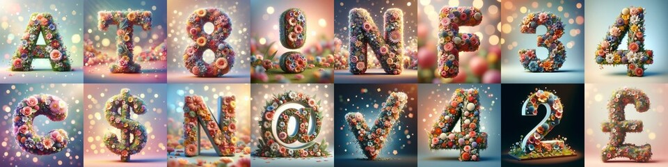 Spring flowers 3D Lettering Typeface. AI generated illustration