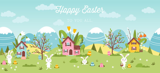 Fototapeta premium Cute Easter Egg hunt design for children, hand drawn with cute bunnies, eggs and decorations - great for party invitations, banners, wallpapers - vector