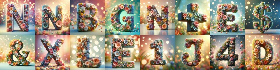 Spring flowers 3D Lettering Typeface. AI generated illustration