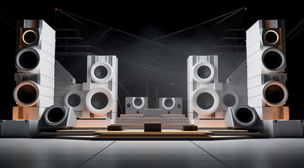Big Stage with modern audio system, concert hall stage, large, multiple speakers, sound systems - obrazy, fototapety, plakaty