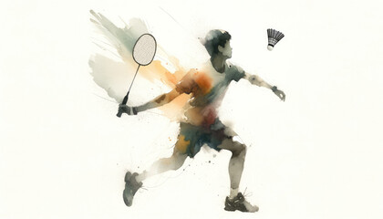 Dynamic watercolor painting of badminton player in action with a racket and shuttlecock. International day of sport for development and peace. World Badminton Day.
