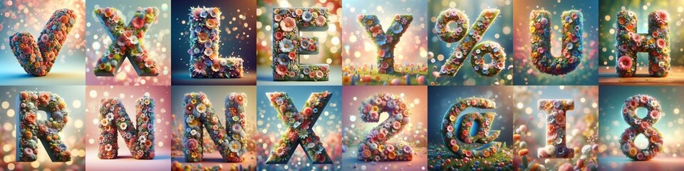 Spring flowers 3D Lettering Typeface. AI generated illustration