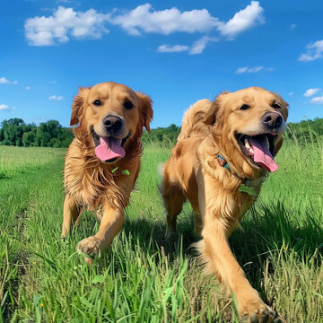 Joyful Golden Retrievers Running in a Sunny Green Field, Embracing the Outdoors and Their Playful Spirit on a Beautiful Summer Day