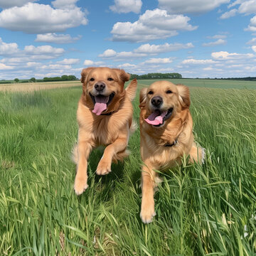 Joyful Golden Retrievers Running in a Sunny Green Field, Embracing the Outdoors and Their Playful Spirit on a Beautiful Summer Day